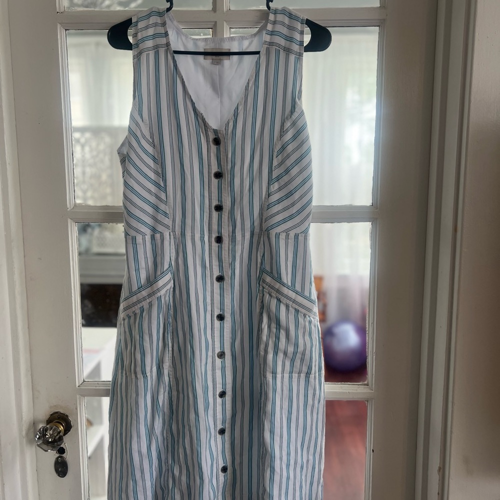 LOFT Blue and White Buttoned Midi Sundress